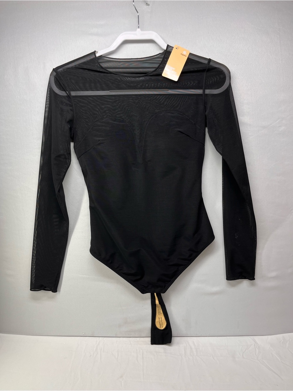 Black Long-Sleeve Mesh Bodysuit with Sheer Yoke